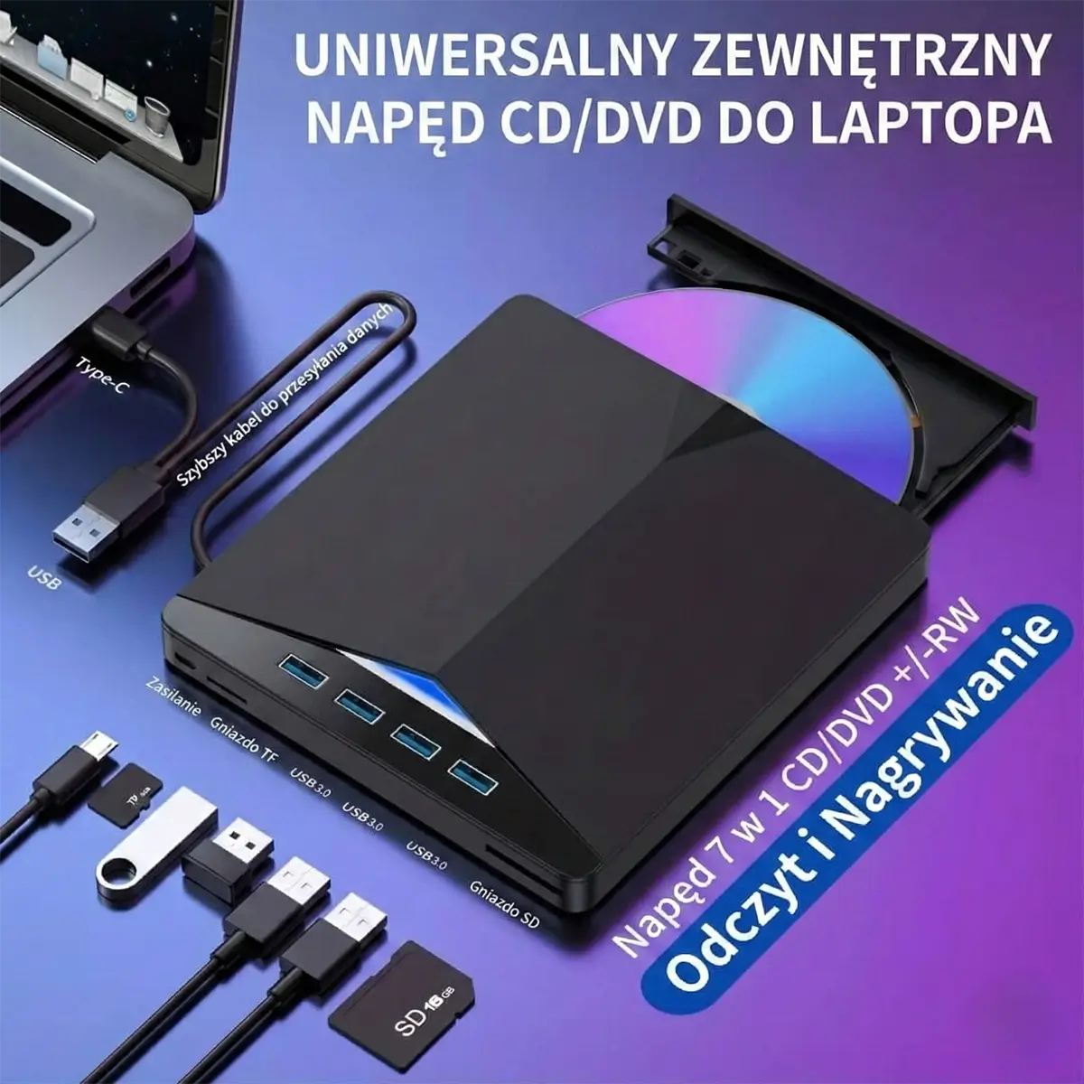 Zewnętrzny Napęd i Nagrywarka CD/DVD (7w1) – Przenośny, USB 3.0 + Czytnik Kart SD