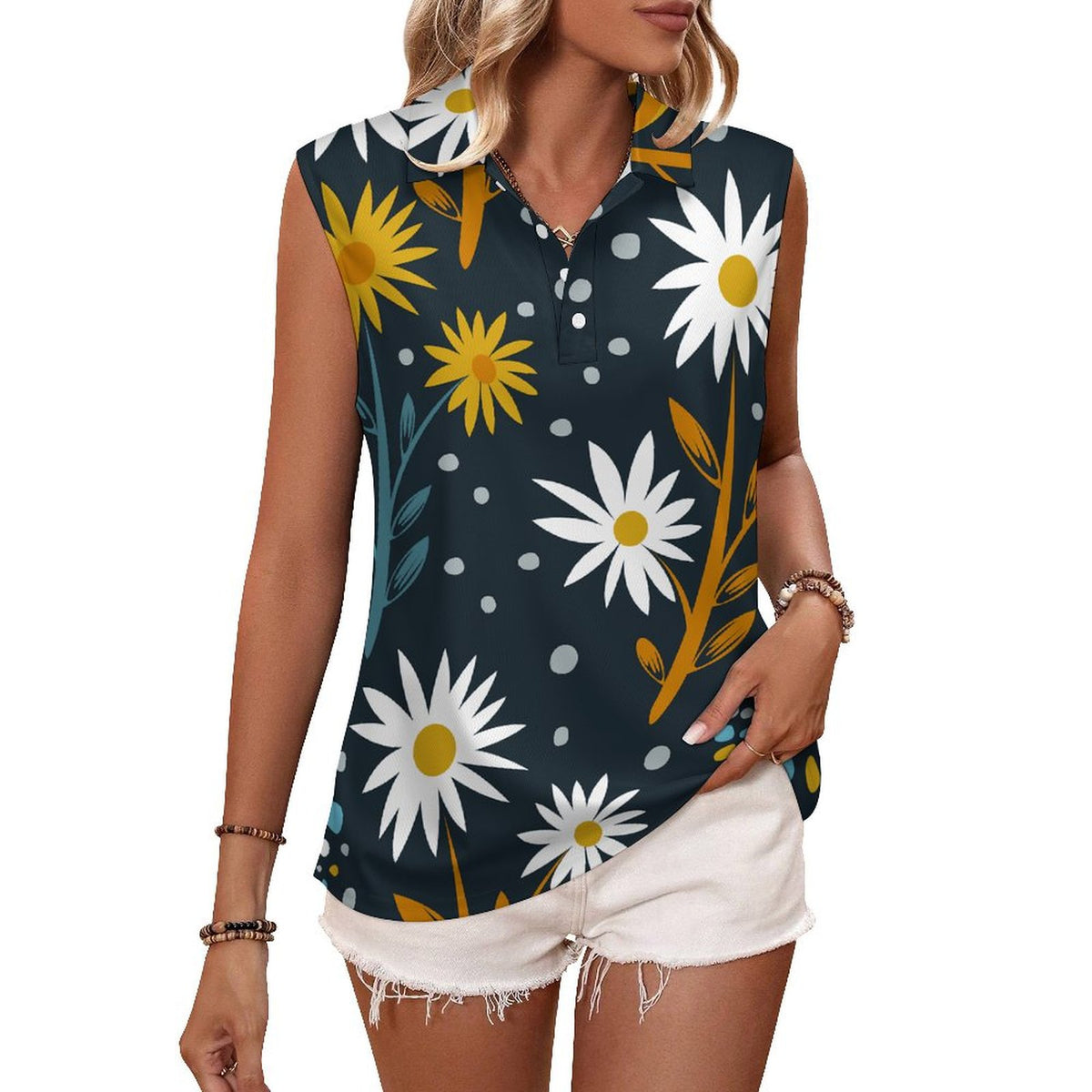 Camiseta sin mangas con estampado de flores de verano, color negro