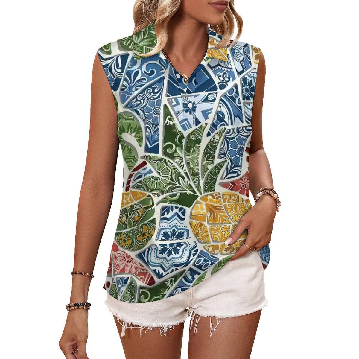 Camiseta sin mangas con frutas de verano y plantas tropicales