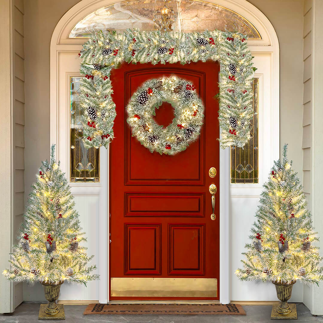 Christmas 4-Piece Set, Garland, Wreath and 2 Entrance Trees, Retro White