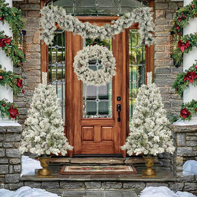 Christmas 4-Piece Set, Garland, Wreath and 2 Entrance Trees, Green and White