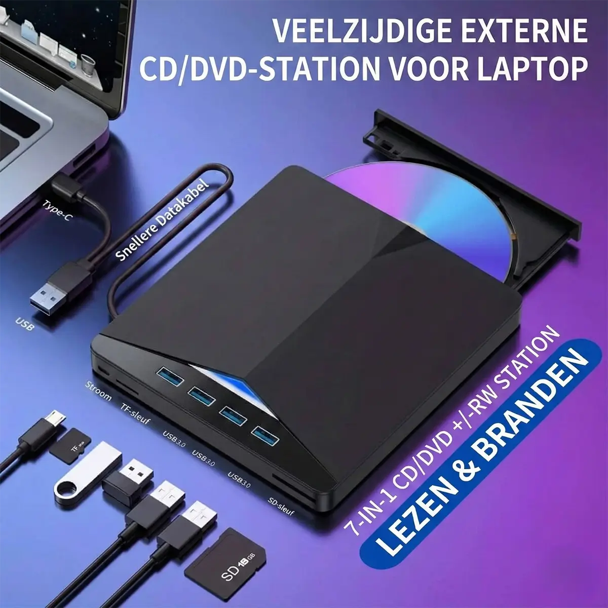 Externe DVD/CD Speler & Brander (7-in-1) – Draagbaar, USB 3.0 & SD-kaartlezer