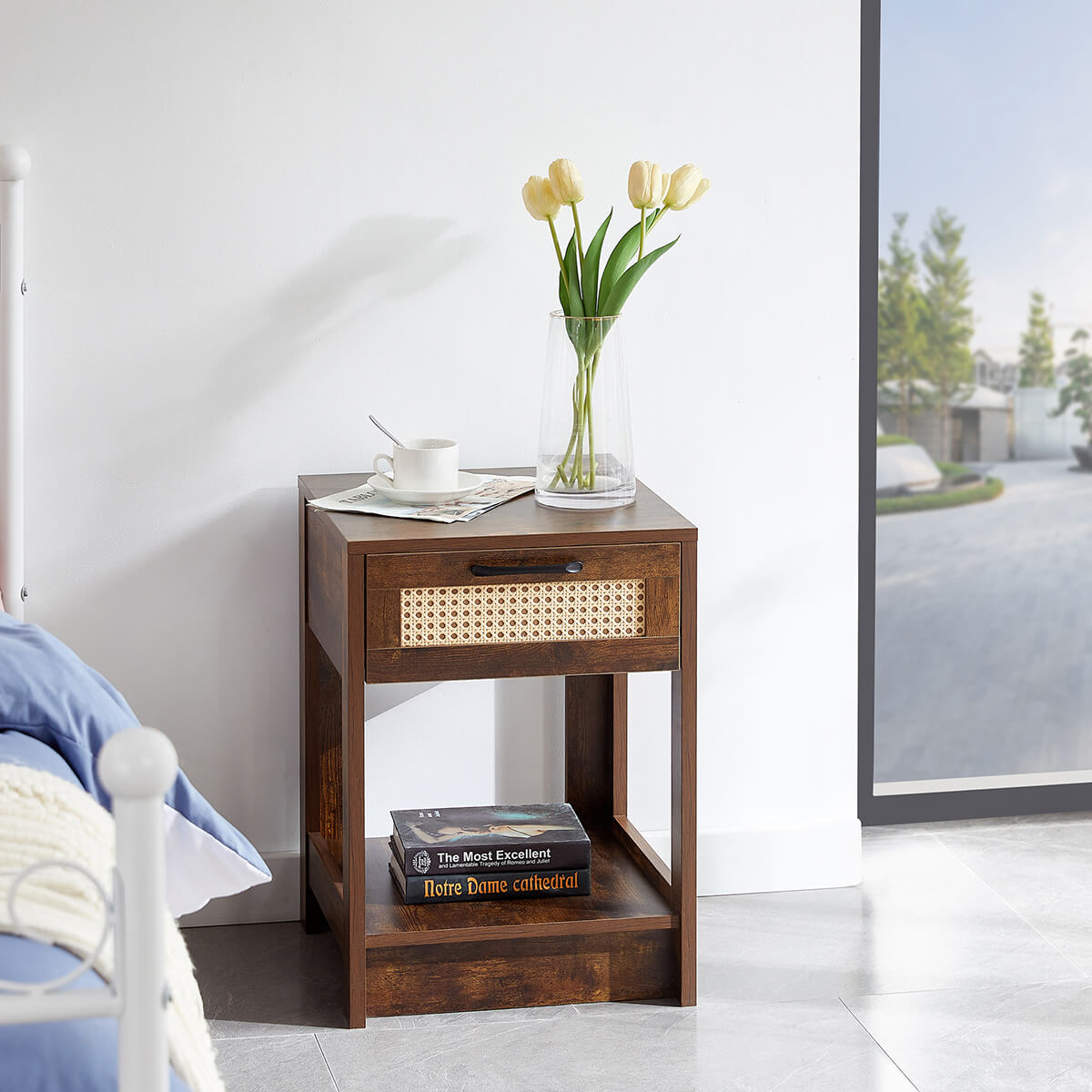 15.75" Rattan End table Nightstand with drawer, dark brown