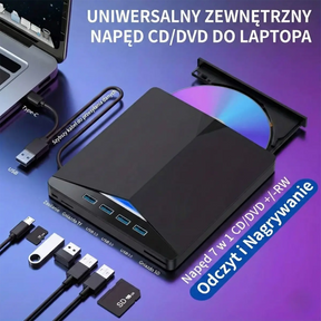 Zewnętrzny Napęd i Nagrywarka CD/DVD (7w1) – Przenośny, USB 3.0 + Czytnik Kart SD