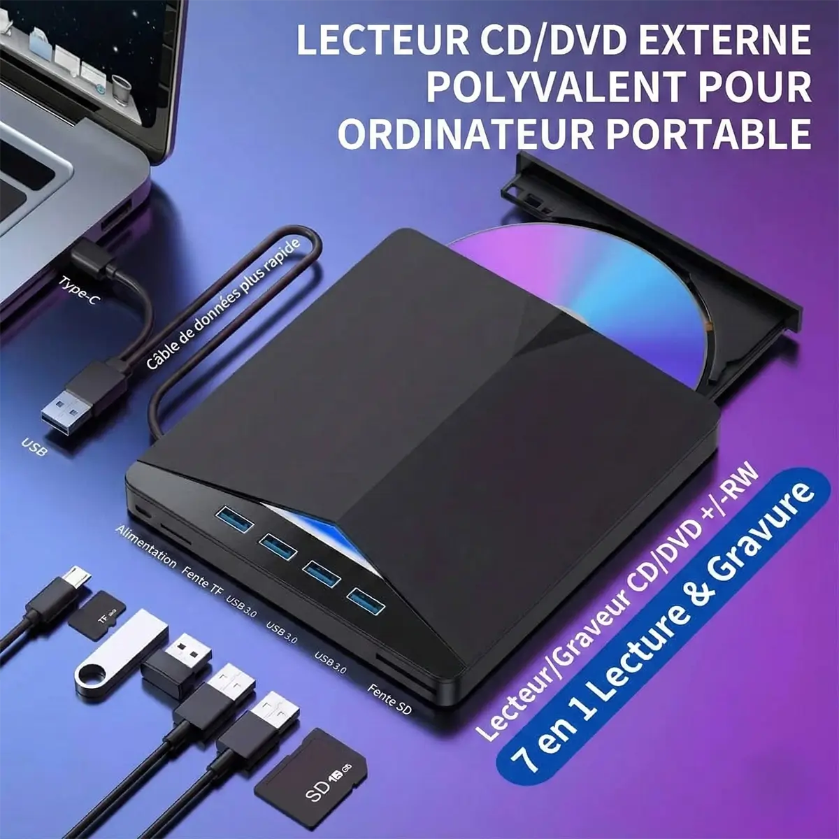 Lecteur et Graveur CD/DVD Externe 7 en 1 – Portable, USB 3.0 et Lecteur Cartes SD/TF