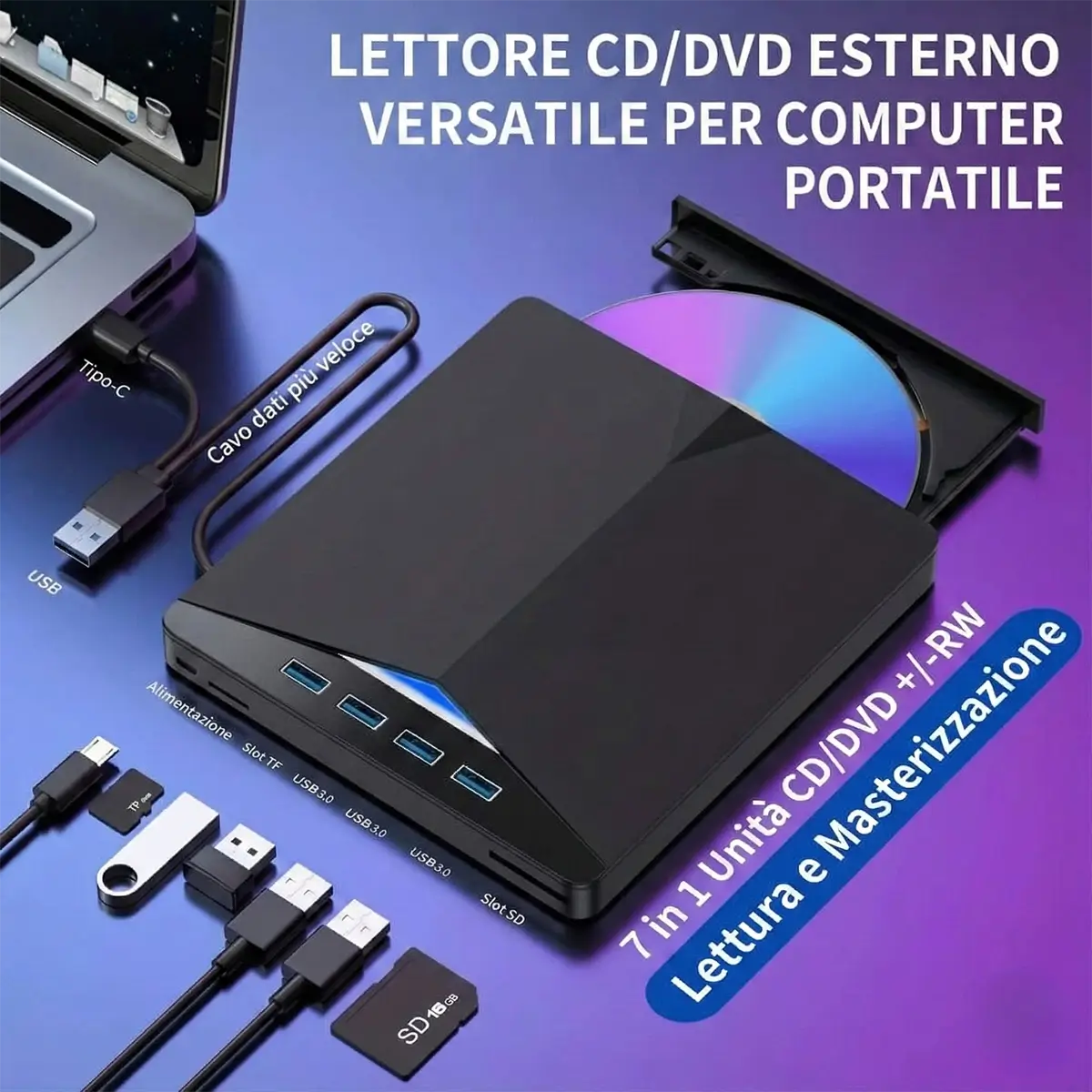 Lettore DVD/CD Esterno Portatile (7 in 1) – USB 3.0 con Slot per Schede di
