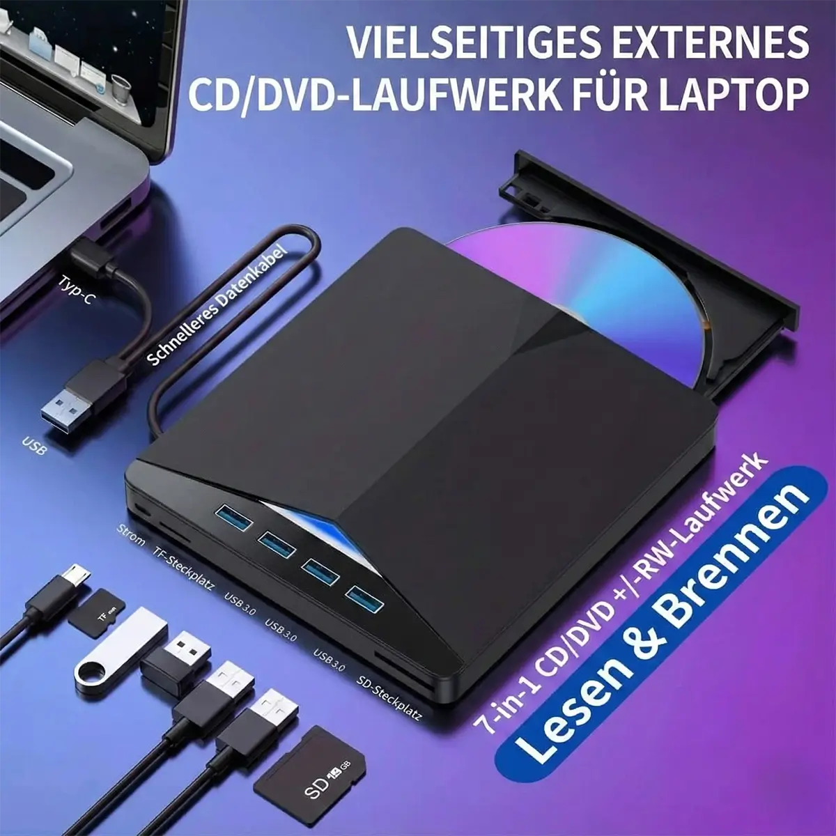Externes DVD Laufwerk 7 in 1 – Tragbarer CD/DVD Brenner mit USB 3.0 & SD Kartenslot