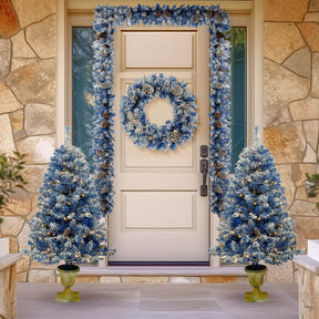 Christmas 4-Piece Set, Garland, Wreath and 2 Entrance Trees, Blue