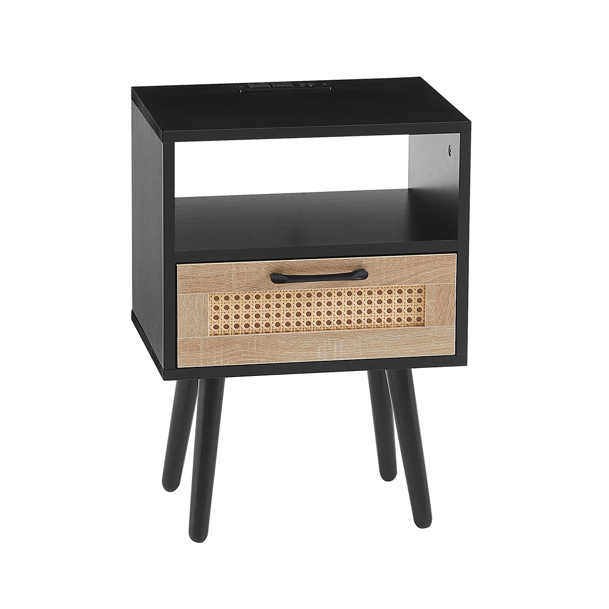 15.75" Rattan Nightstand with Power Outlet & USB Ports or Not, Black