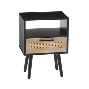 15.75" Rattan Nightstand with Power Outlet & USB Ports or Not, Black