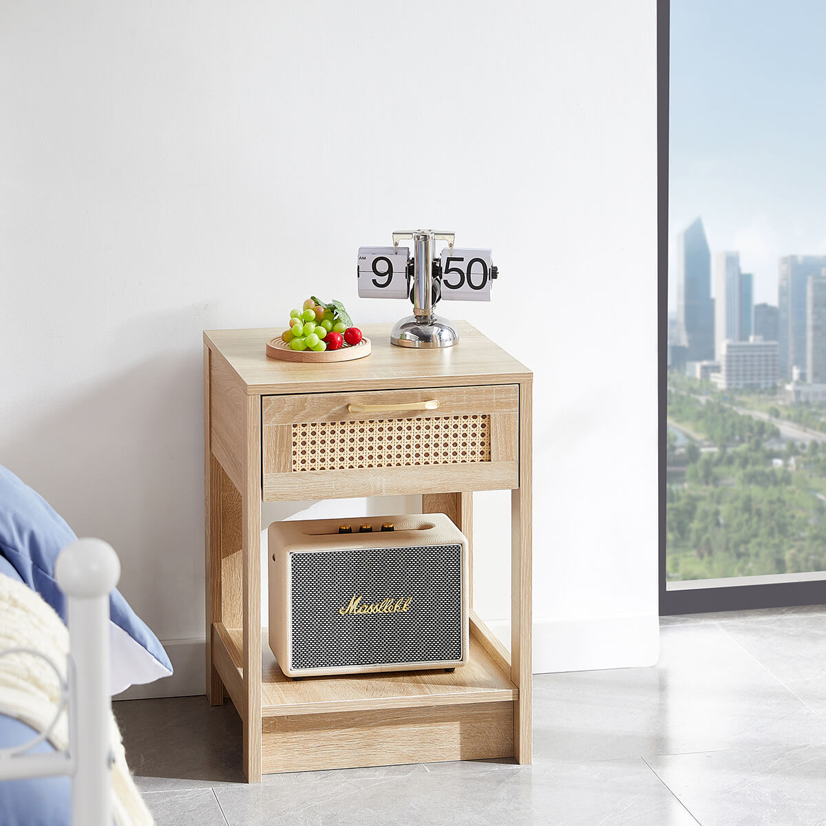 15.75" Rattan End table Nightstand with drawer, light brown