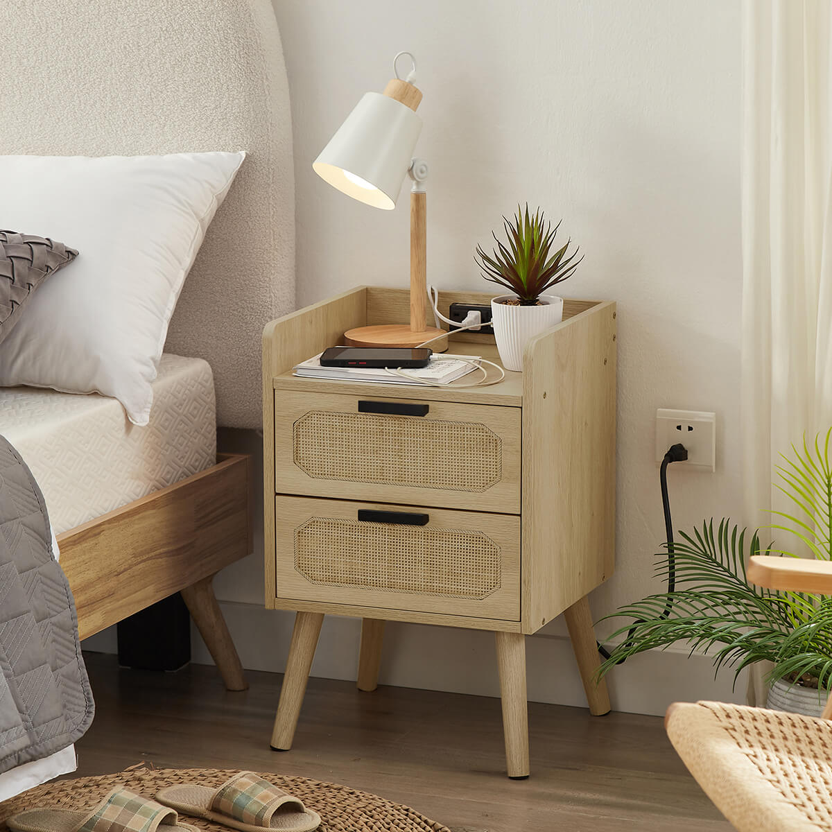 Rattan Nightstand with Socket