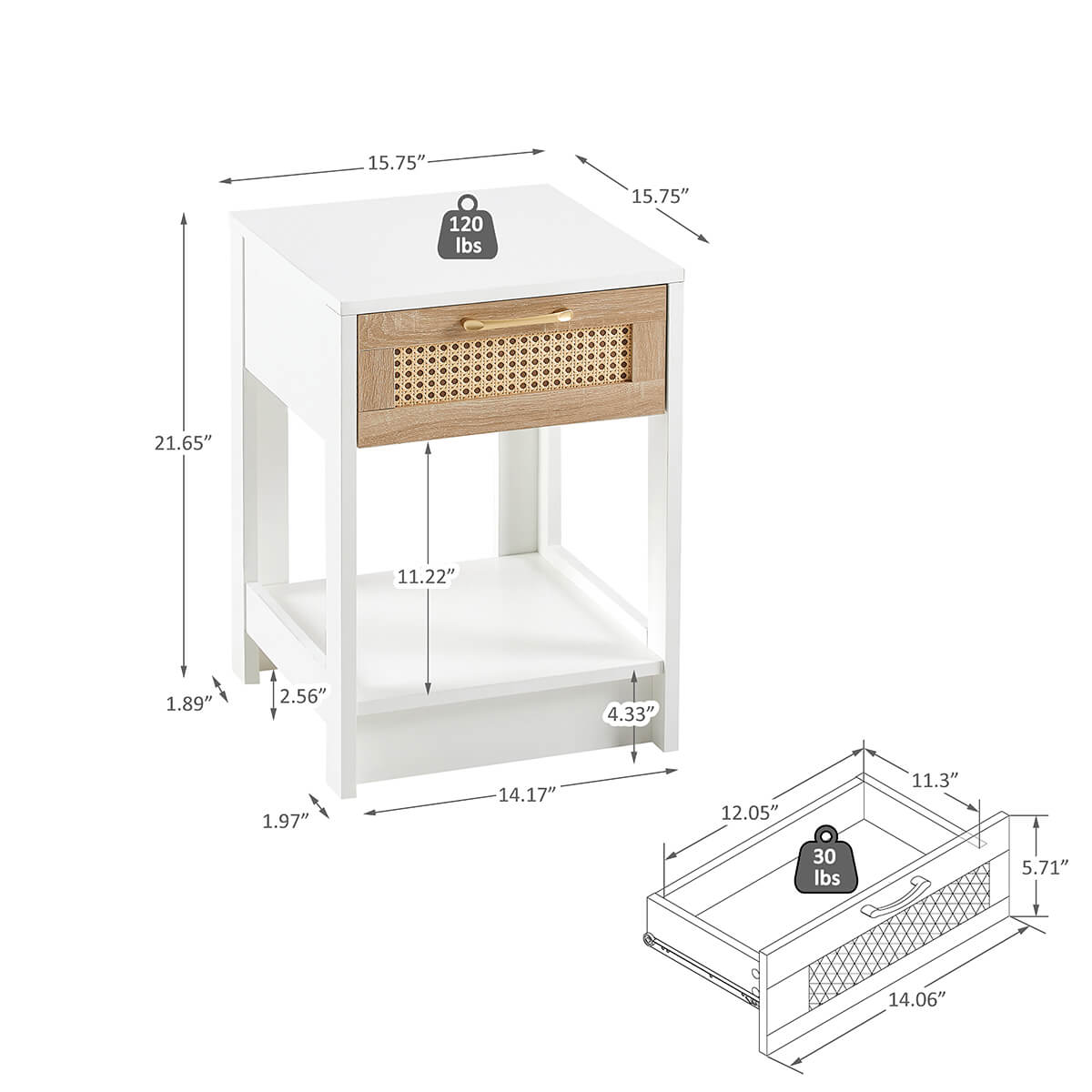 15.75" Rattan End table Nightstand with drawer, white