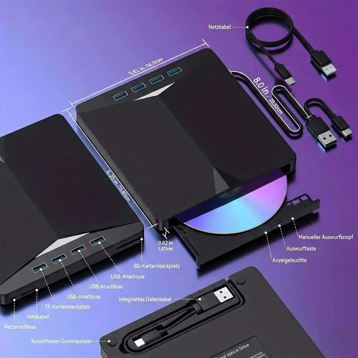 Externes DVD Laufwerk 7 in 1 – Tragbarer CD/DVD Brenner mit USB 3.0 & SD Kartenslot