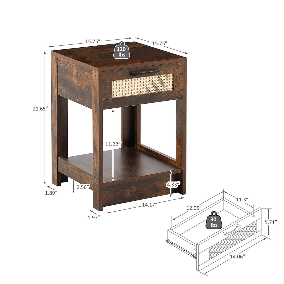 15.75" Rattan End table Nightstand with drawer, 4 color