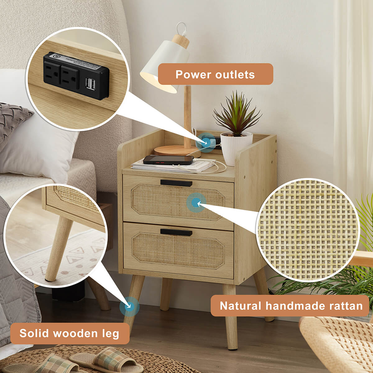 Rattan Nightstand with Socket