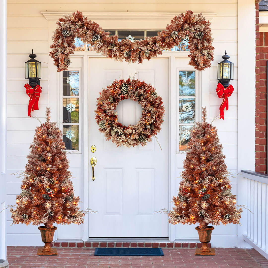 Christmas 4-Piece Set, Garland, Wreath and 2 Entrance Trees, Brown