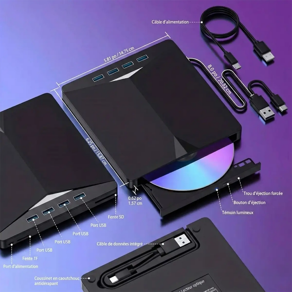 Lecteur et Graveur CD/DVD Externe 7 en 1 – Portable, USB 3.0 et Lecteur Cartes SD/TF