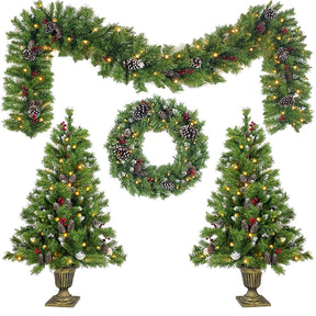 Christmas 4-Piece Set, Garland, Wreath and 2 Entrance Trees, Green