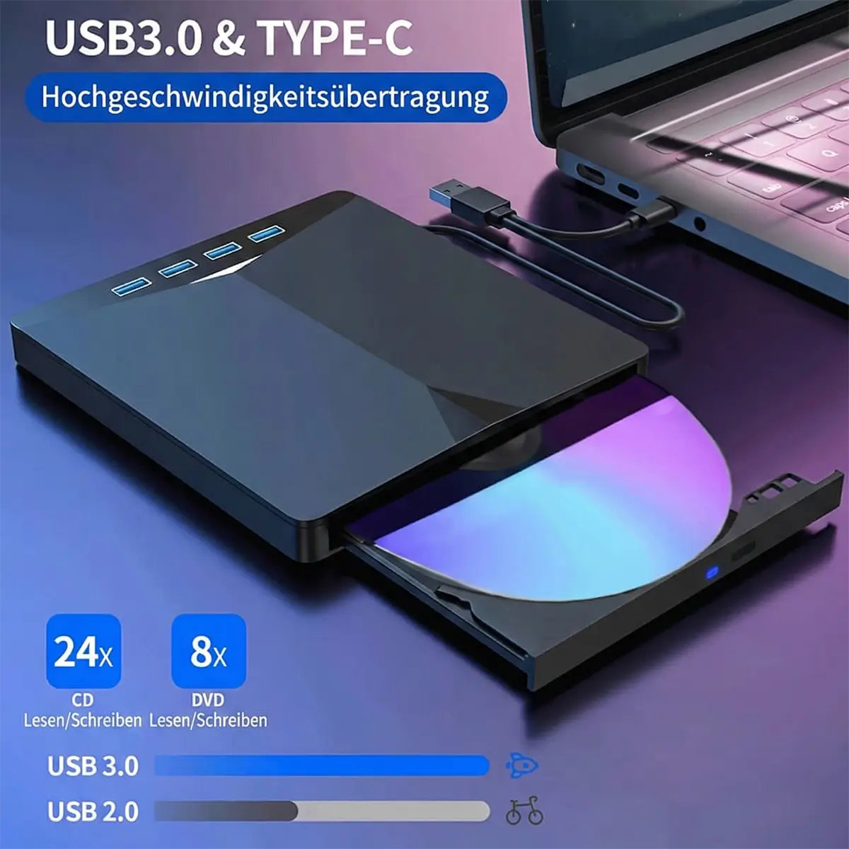 Externes DVD Laufwerk 7 in 1 – Tragbarer CD/DVD Brenner mit USB 3.0 & SD Kartenslot
