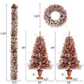 Christmas 4-Piece Set, Garland, Wreath and 2 Entrance Trees, Brown