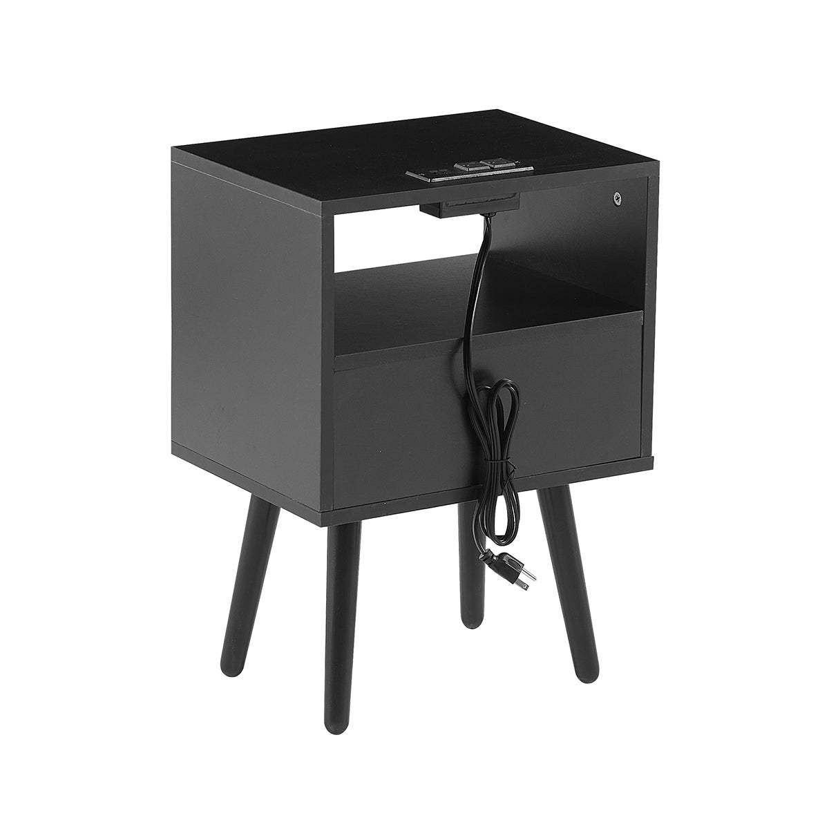 15.75" Rattan Nightstand with Power Outlet & USB Ports or Not, Black