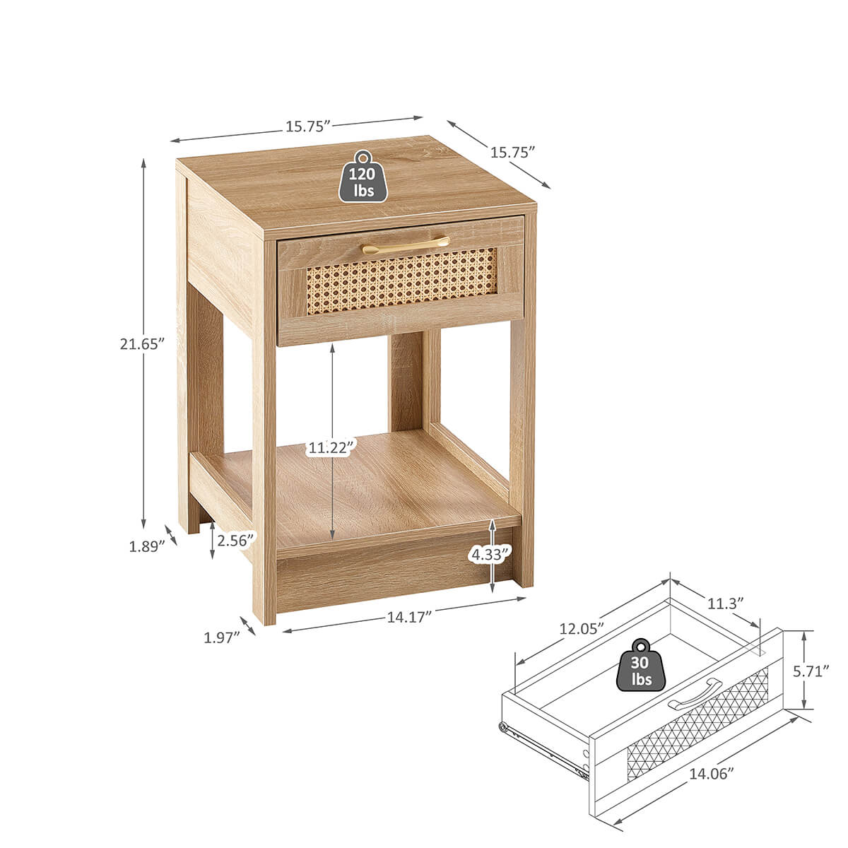 15.75" Rattan End table Nightstand with drawer, light brown