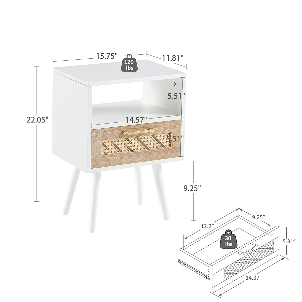 15.75" Rattan Nightstand with Power Outlet & USB Ports or Not, White