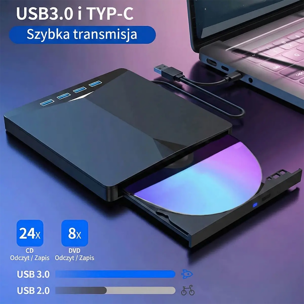 Zewnętrzny Napęd i Nagrywarka CD/DVD (7w1) – Przenośny, USB 3.0 + Czytnik Kart SD