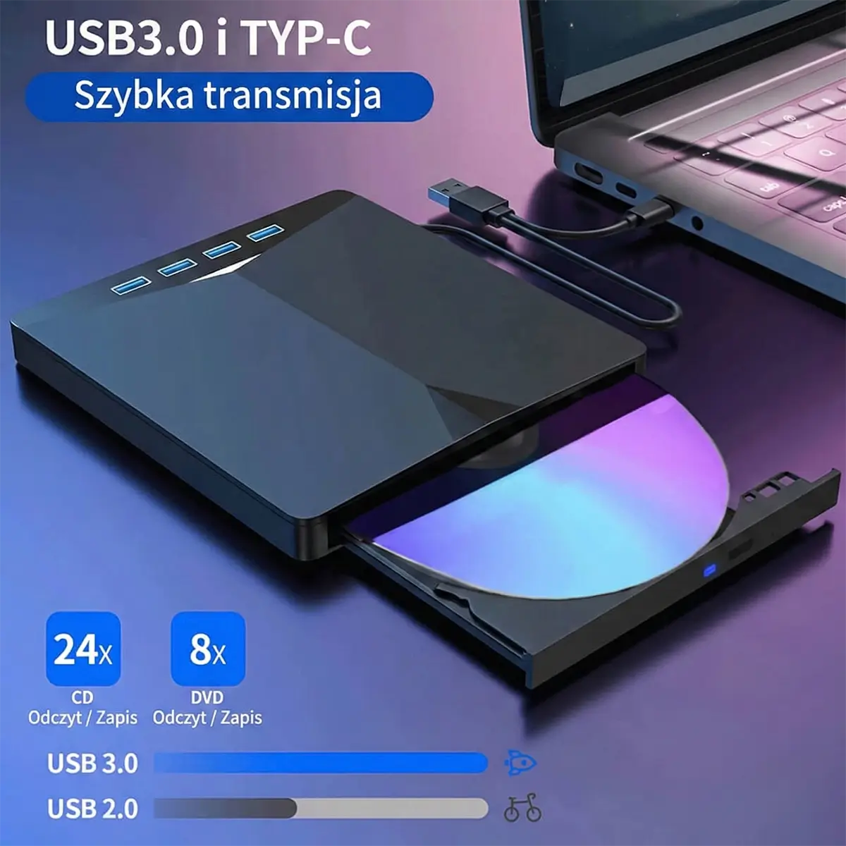 Zewnętrzny Napęd i Nagrywarka CD/DVD (7w1) – Przenośny, USB 3.0 + Czytnik Kart SD