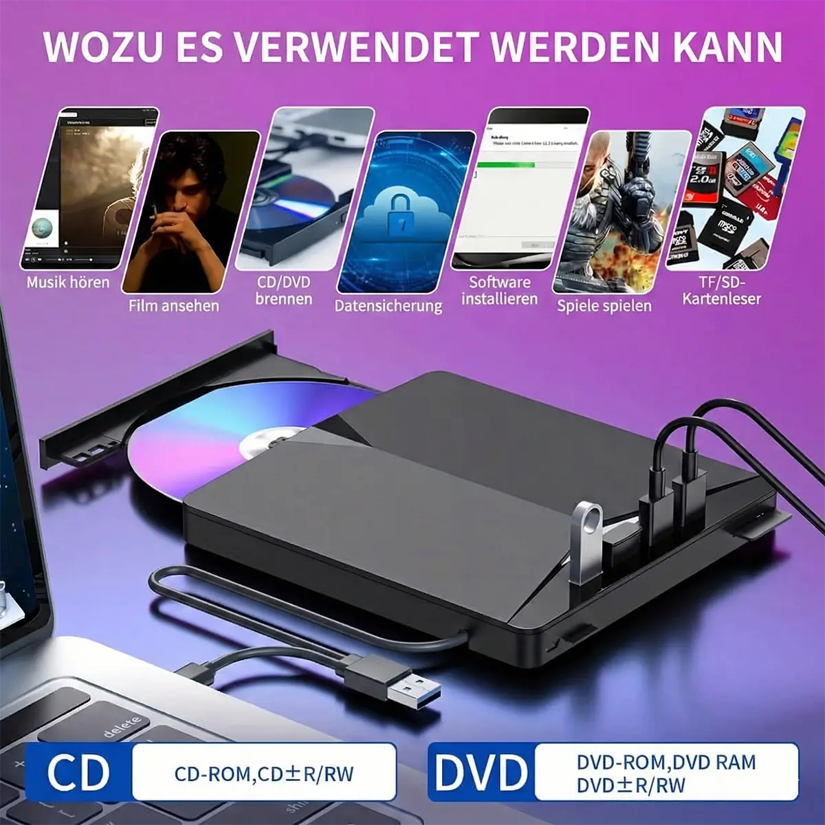 Externes DVD Laufwerk 7 in 1 – Tragbarer CD/DVD Brenner mit USB 3.0 & SD Kartenslot
