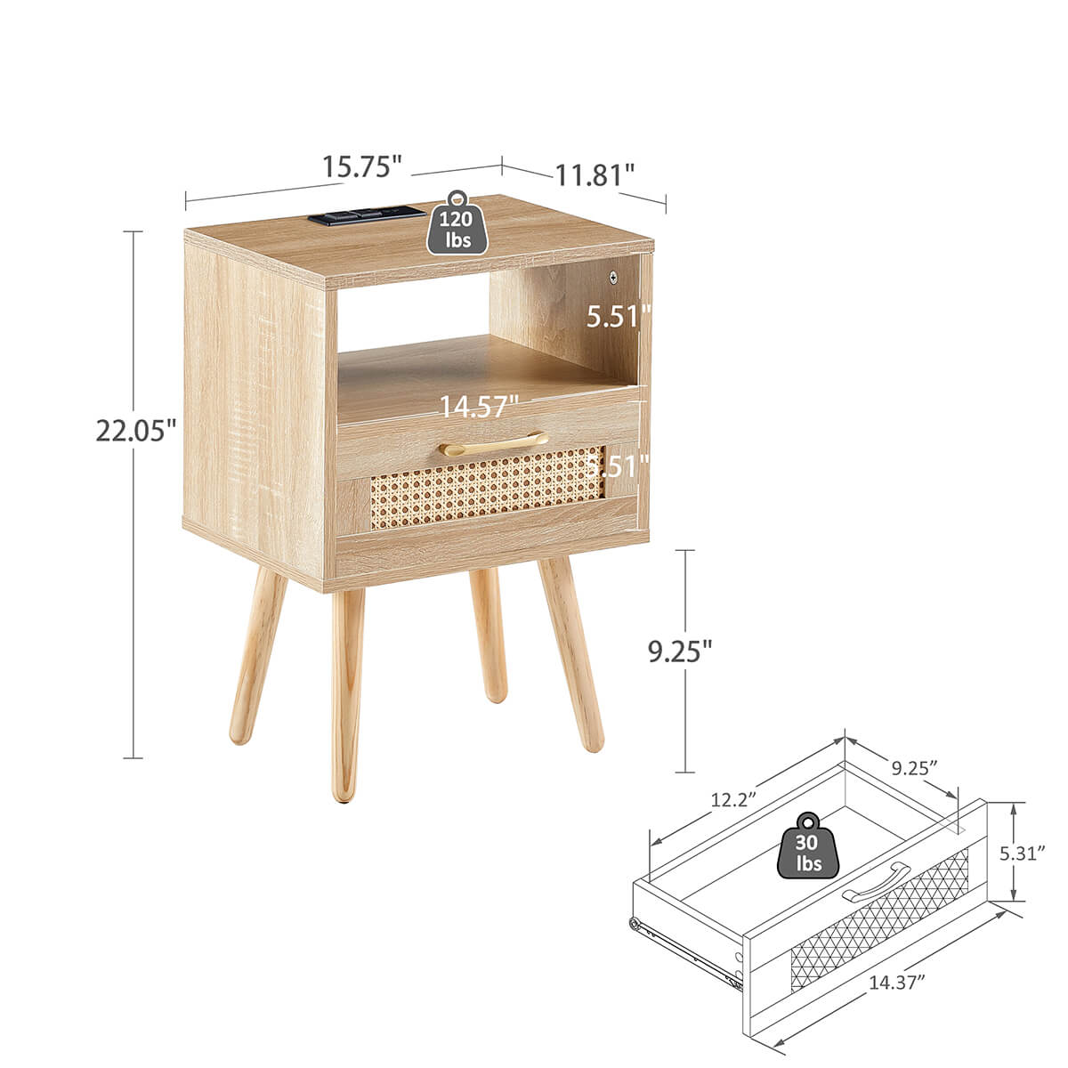 15.75" Rattan Nightstand with Power Outlet & USB Ports or Not, 3 Color