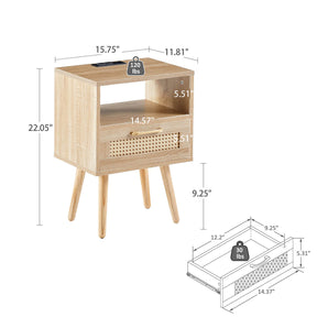 15.75" Rattan Nightstand with Power Outlet & USB Ports or Not, 3 Color