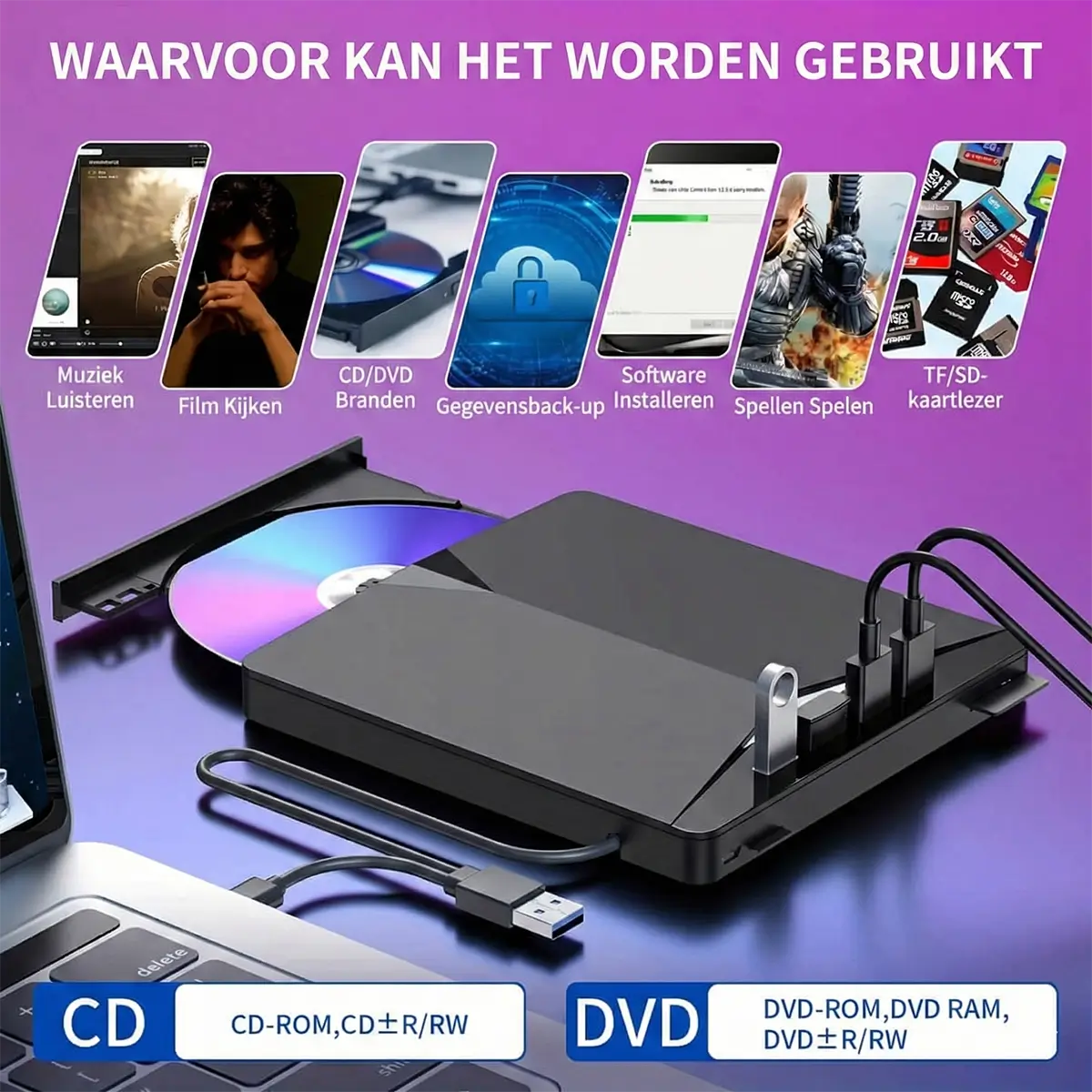 Externe DVD/CD Speler & Brander (7-in-1) – Draagbaar, USB 3.0 & SD-kaartlezer