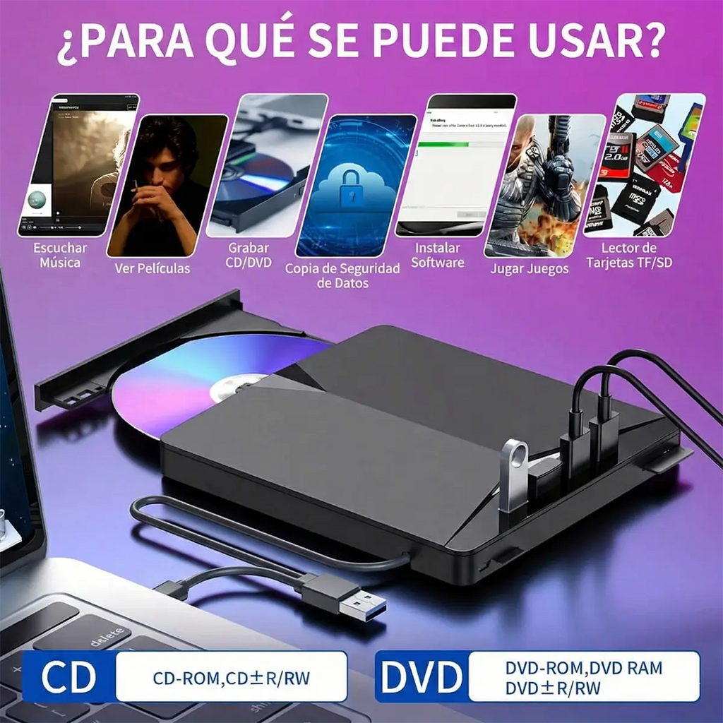 Reproductor y Grabadora Portátil 7 en 1 USB 3.0/SD/TF/DVD/CD/VCD