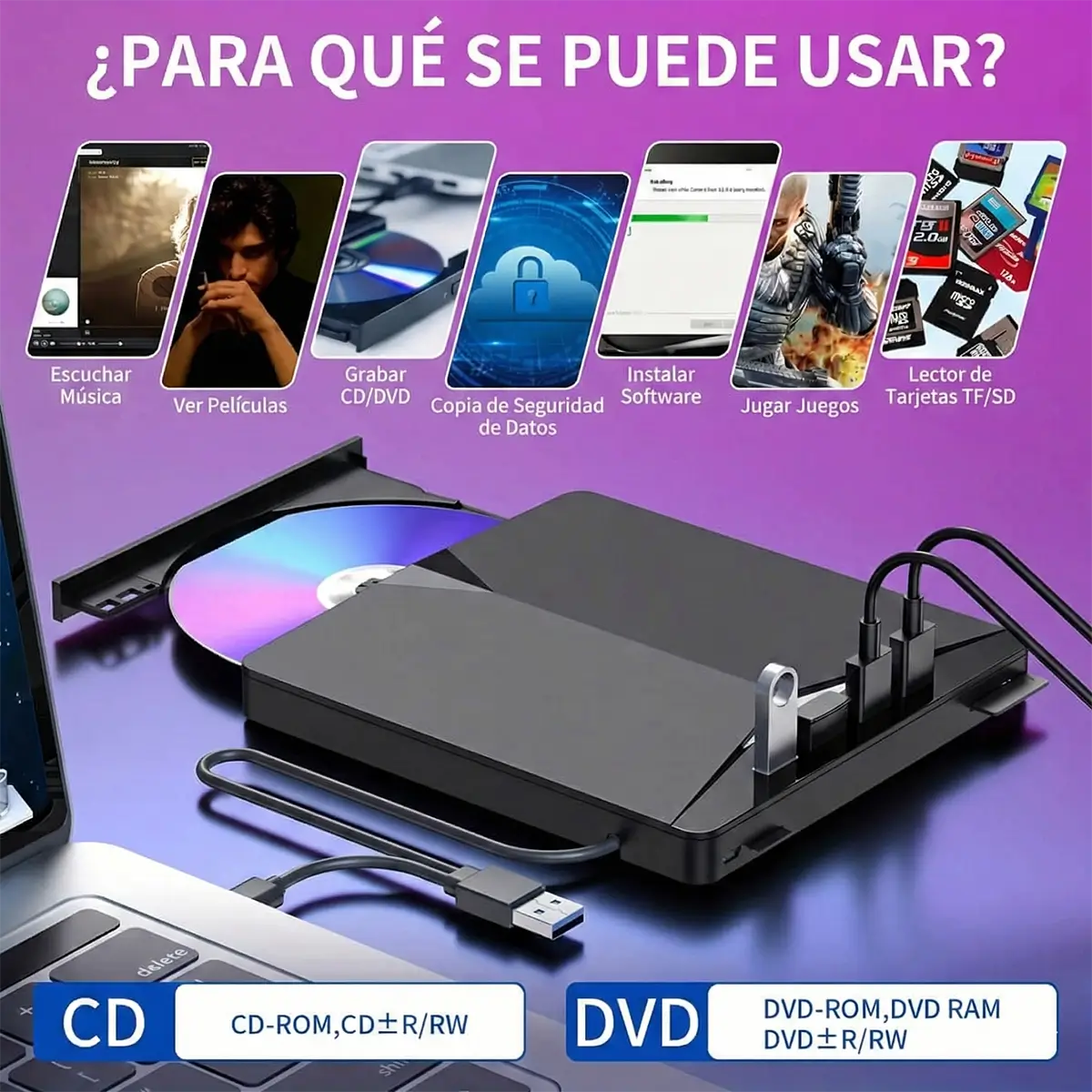 Reproductor y Grabadora Portátil 7 en 1 USB 3.0/SD/TF/DVD/CD/VCD