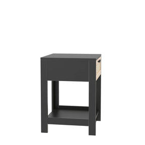 15.75" Rattan End table Nightstand with drawer, black