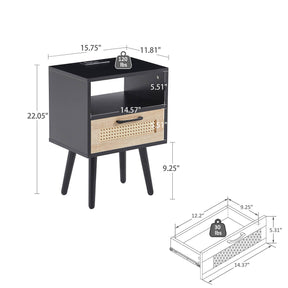 15.75" Rattan Nightstand with Power Outlet & USB Ports or Not, 3 Color