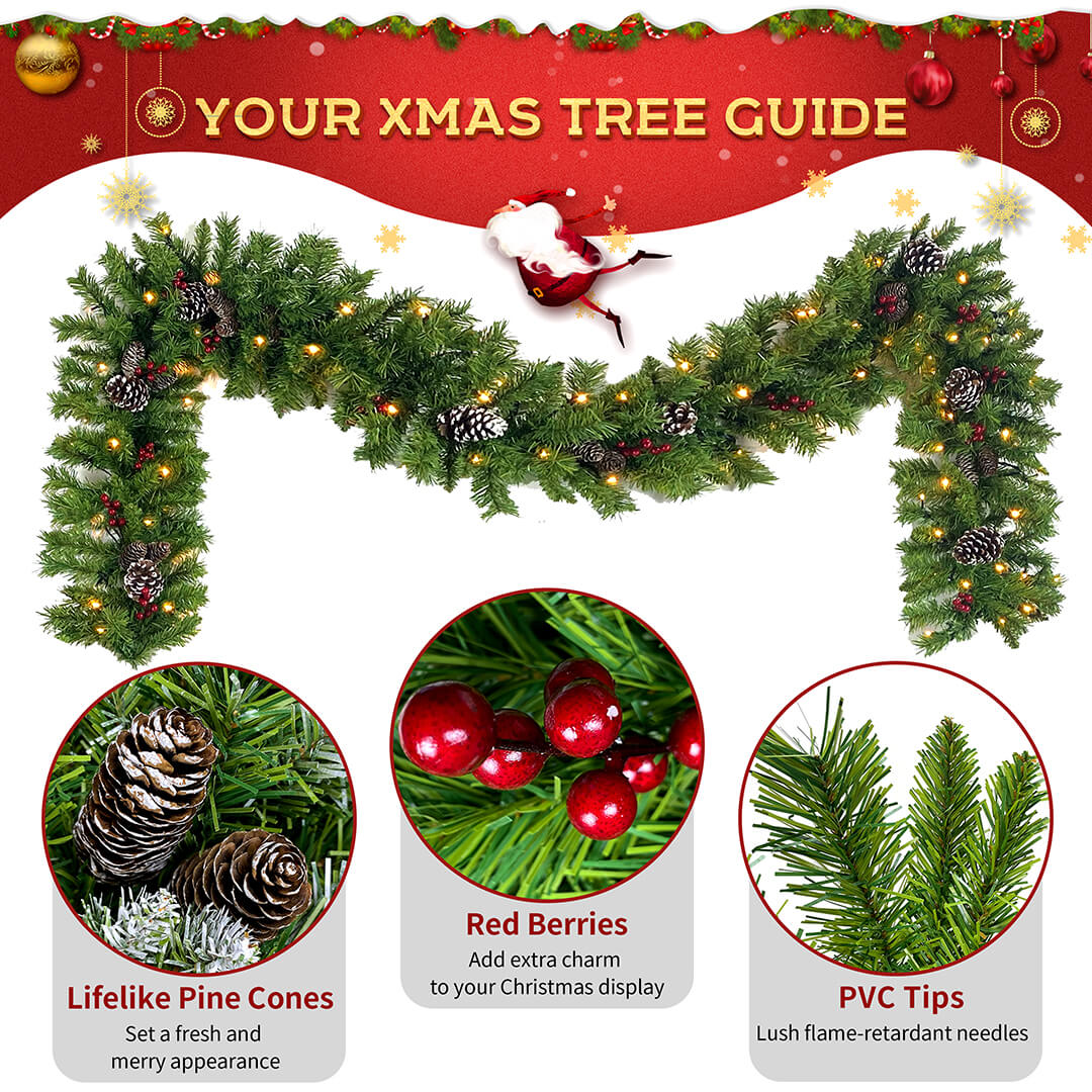 Christmas 4-Piece Set, Garland, Wreath and 2 Entrance Trees, Green