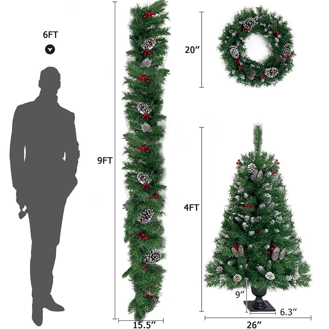 Christmas 4-Piece Set, Garland, Wreath and 2 Entrance Trees, Green