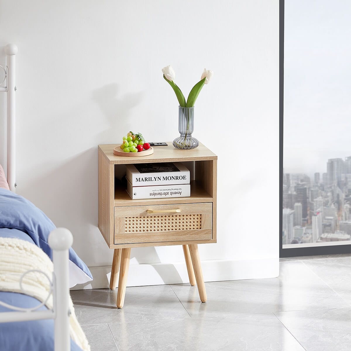 15.75" Rattan Nightstand with Power Outlet & USB Ports or Not, 3 Color