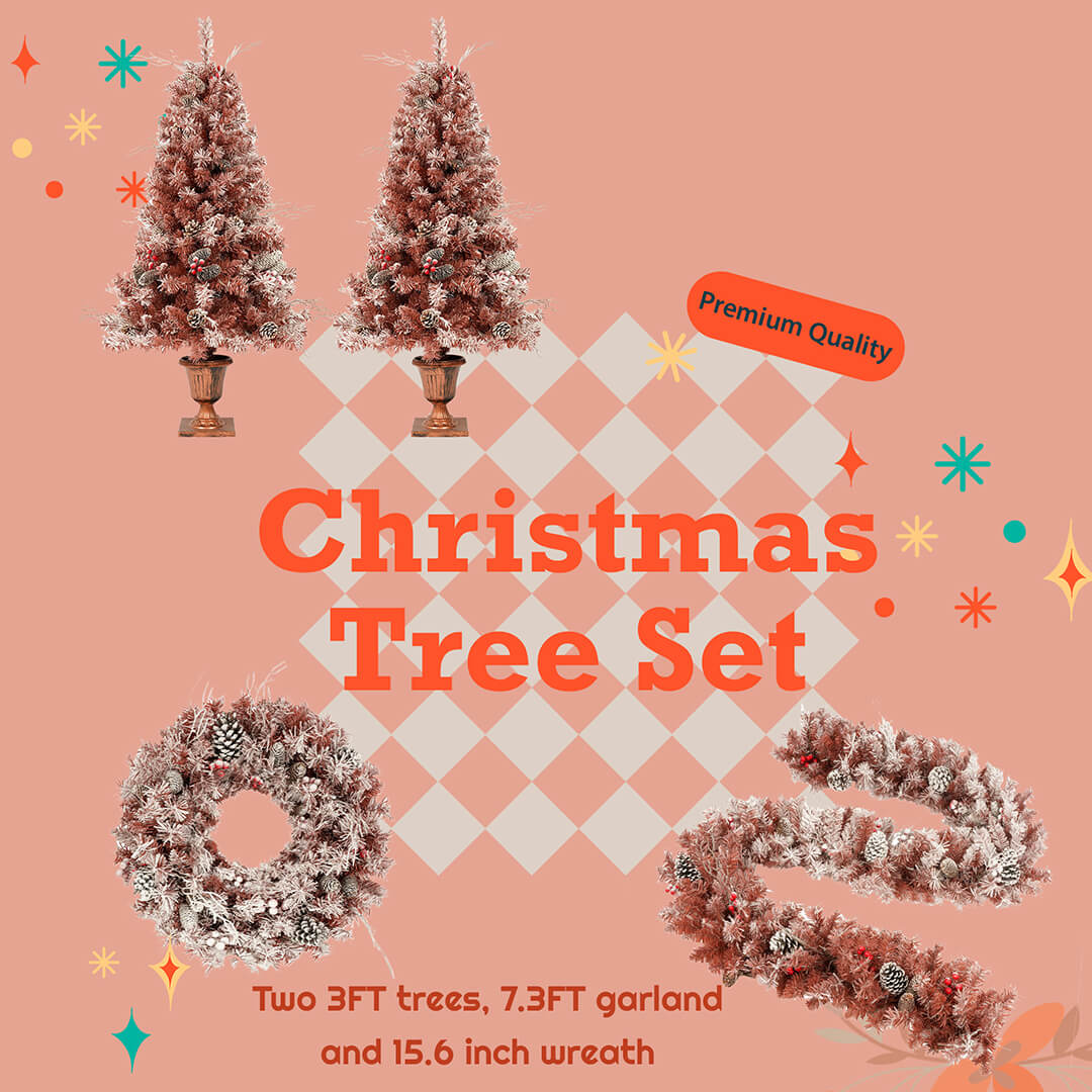 Christmas 4-Piece Set, Garland, Wreath and 2 Entrance Trees, Brown