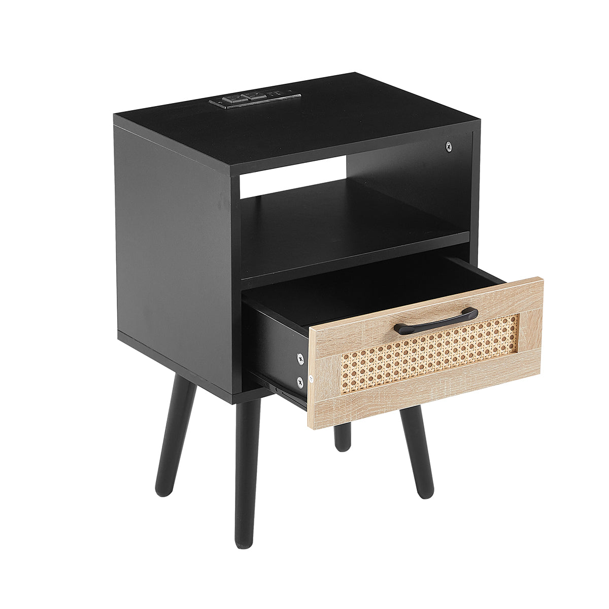 15.75" Rattan Nightstand with Power Outlet & USB Ports or Not, Black