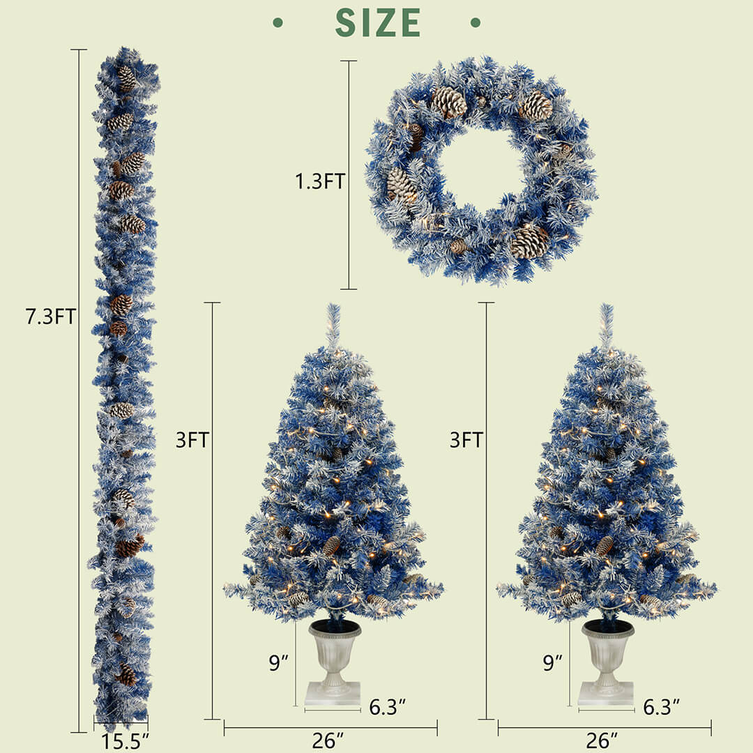 Christmas 4-Piece Set, Garland, Wreath and 2 Entrance Trees, Blue