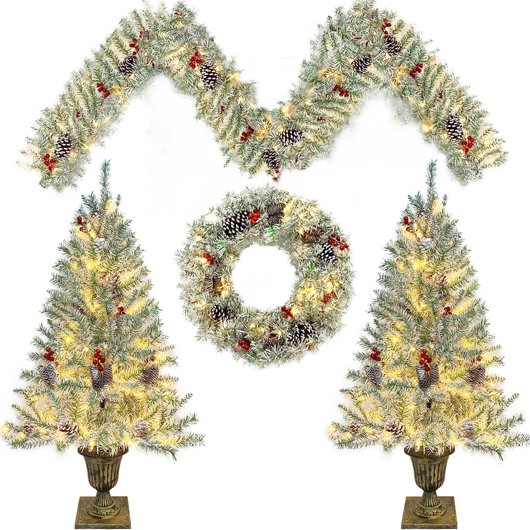 Christmas 4-Piece Set, Garland, Wreath and 2 Entrance Trees, Retro White