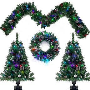 Christmas 4-Piece Set, Garland, Wreath and 2 Entrance Trees, Green