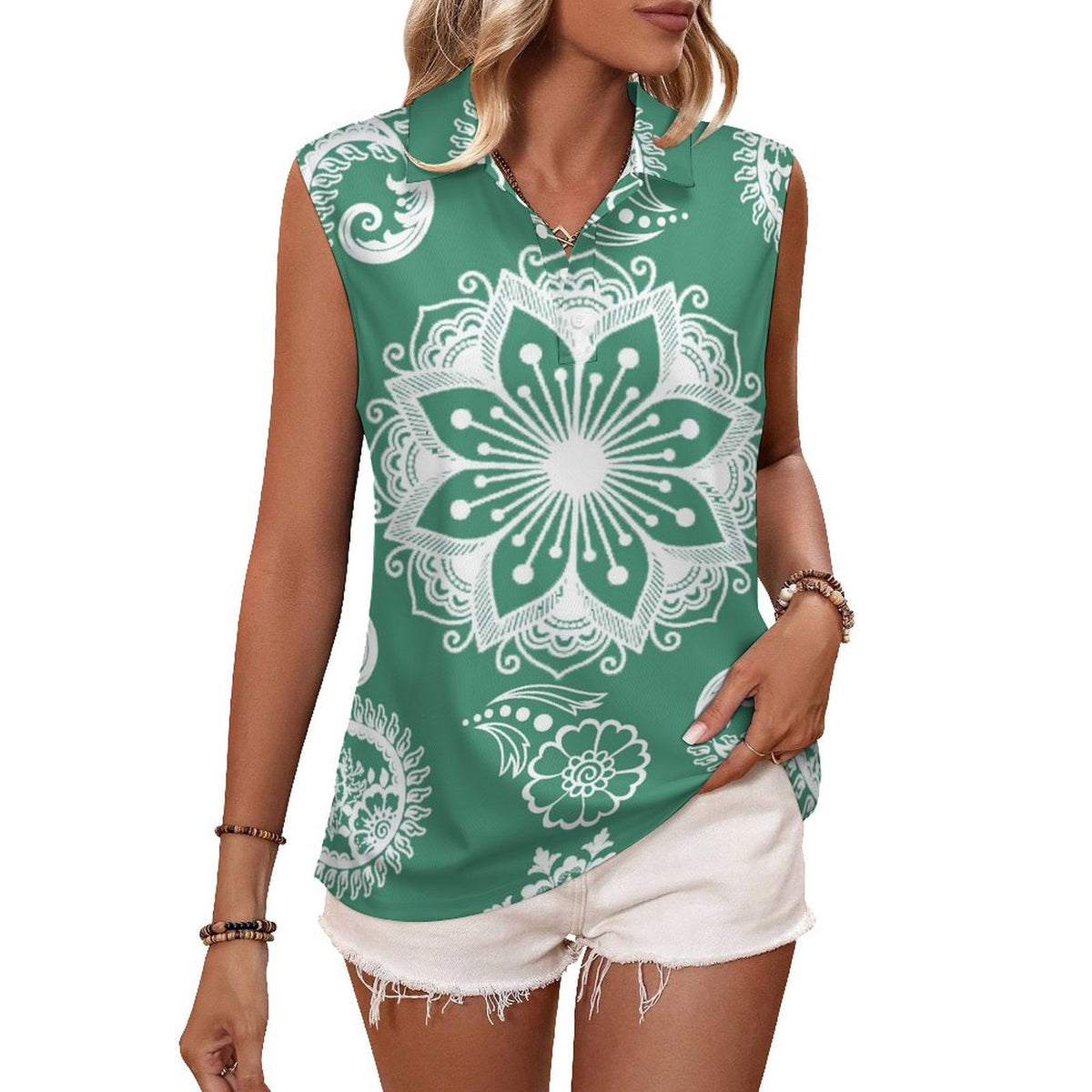 Retro Sleeveless Tank Top Paisley Texture Green Repeat Tile