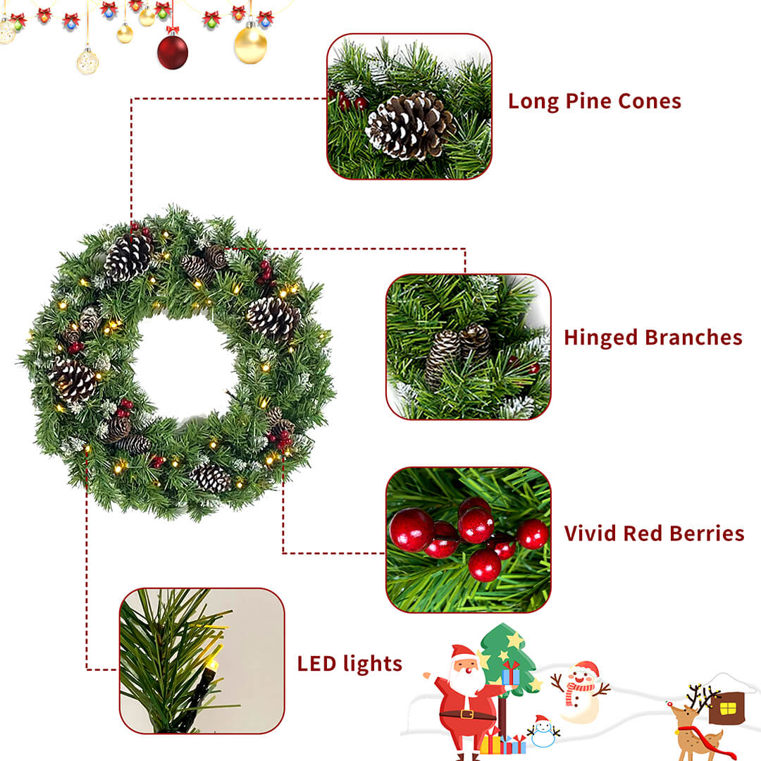 Christmas 4-Piece Set, Garland, Wreath and 2 Entrance Trees, Green