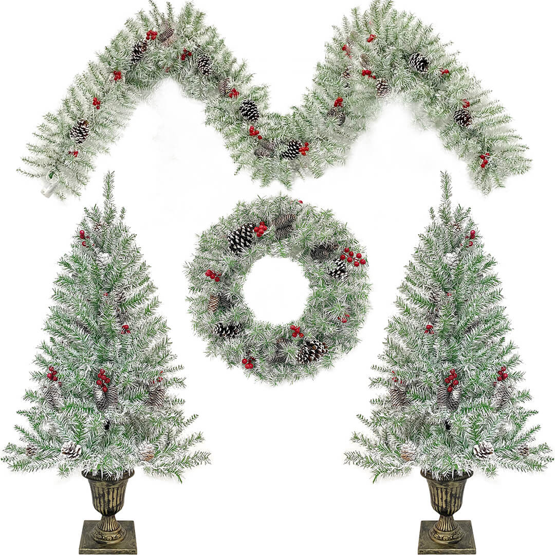 Christmas 4-Piece Set, Garland, Wreath and 2 Entrance Trees, Retro White