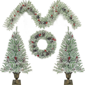 Christmas 4-Piece Set, Garland, Wreath and 2 Entrance Trees, Retro White